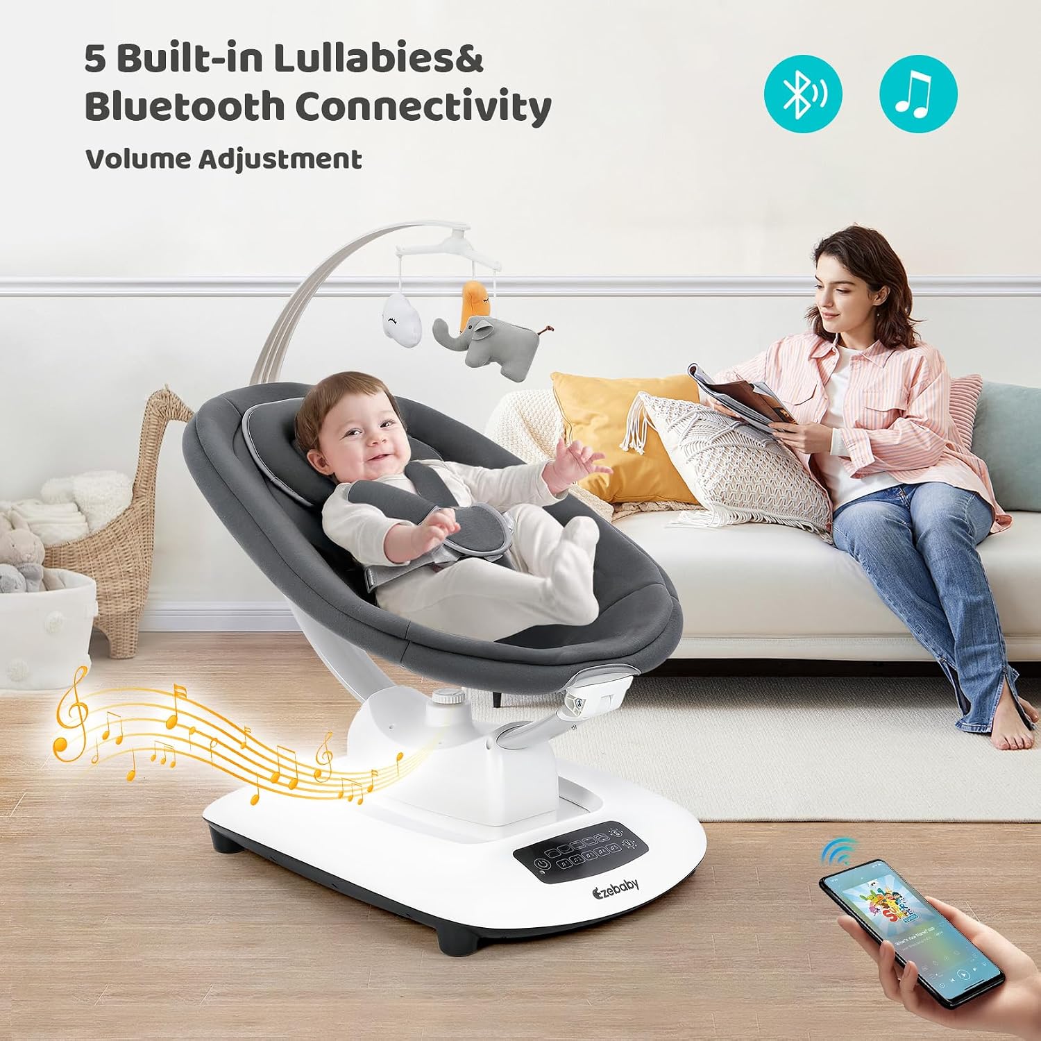 Ezebaby Electric Baby Swing for Infants with 5 Unique Motions, 5 Speeds, Lullabies, Bluetooth Enabled, Smart Baby Swings for Newborn with 5-Point Harness & Remote Control for 0-9 Months, Grey