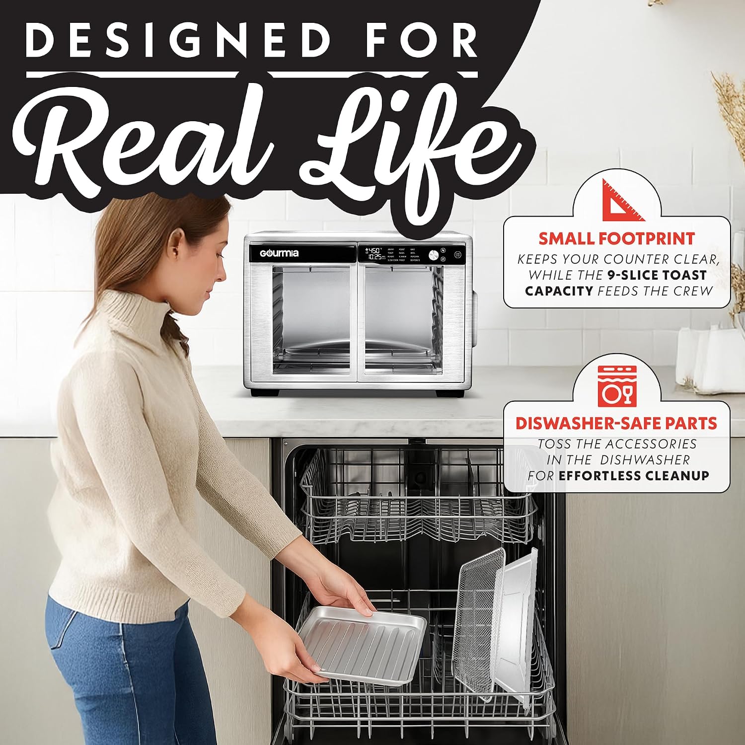 Gourmia French Door Air Fryer Oven - 37 Qt Large Capacity Convection Toaster Oven, FryForce 360°, Digital Display, 12 Cooking Presets, Dehydrate, Fits 13' Pizza, Dishwasher-Safe, Stainless Steel