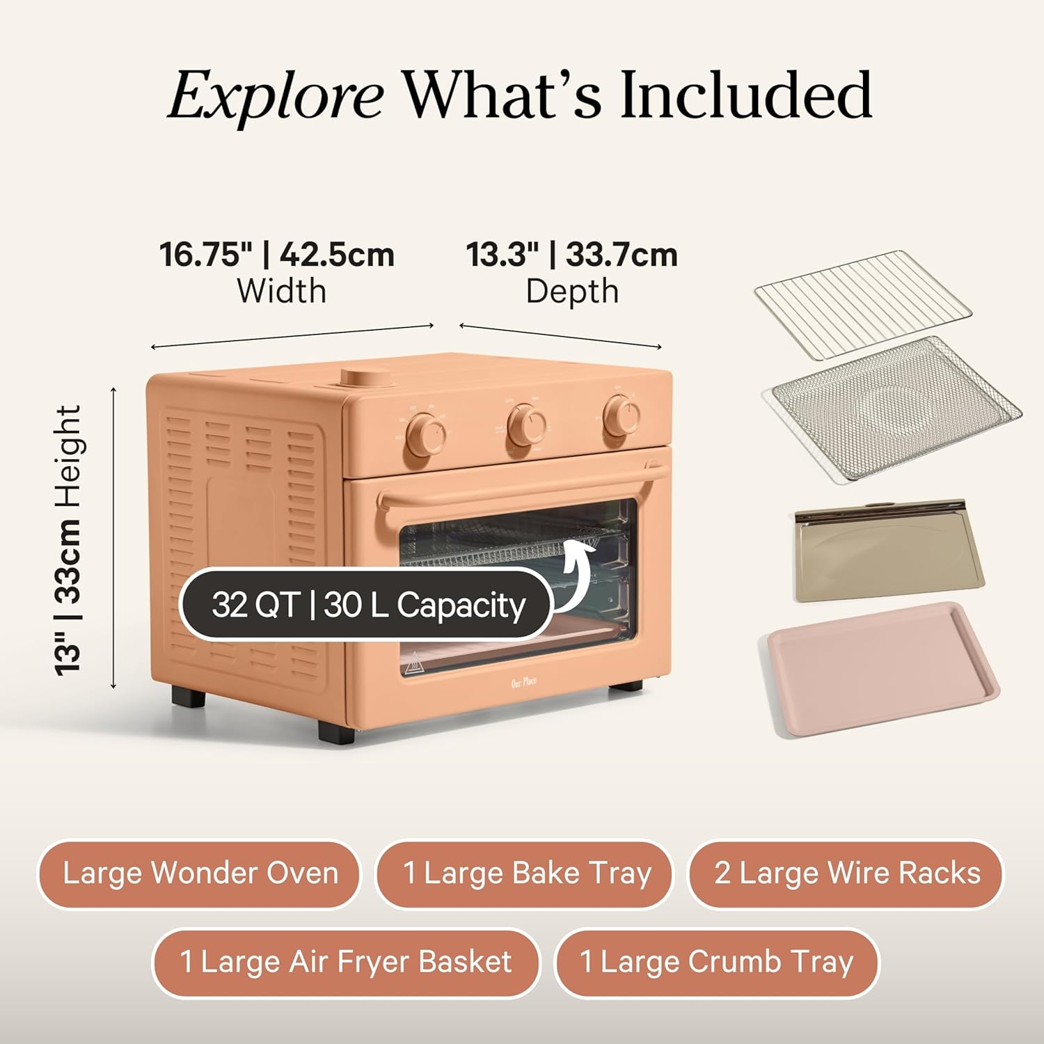 Our Place Large Wonder Oven | 6-in-1 Stainless Steel Air Fryer Toaster Oven Combo with Basket, Rack, Pan & Tray | 3-Rack, 31.7 QT, Large Capacity - Toast, Roast, Bake, Reheat, Broil & Steam | Spice