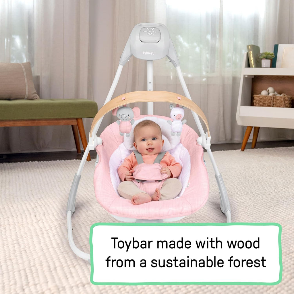 Ingenuity SimpleComfort Compact Baby Swing, Rotating Seat Swings in 3 Directions, 6 Speeds, 8 Melodies & 3 Nature Sounds, Ages 0-9 Months, Up to 20 Pounds - Pink