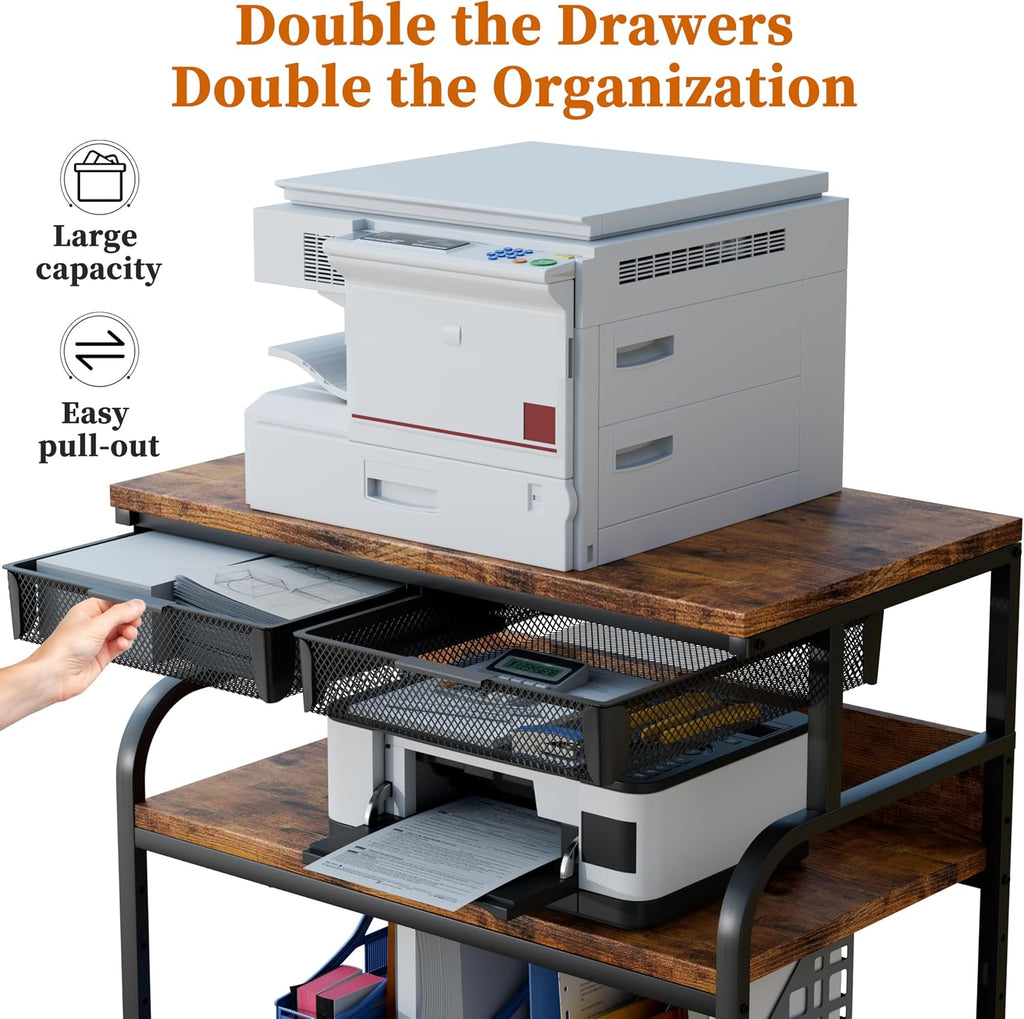 EasyCom 32.3'x18.9' Extra Large Printer Stand with Double Drawers, 5-Adjustable Heights 3 Tier Table with Wheels, Rolling Printer Cart with Storage for Printer Scanner Fax Home Office Use