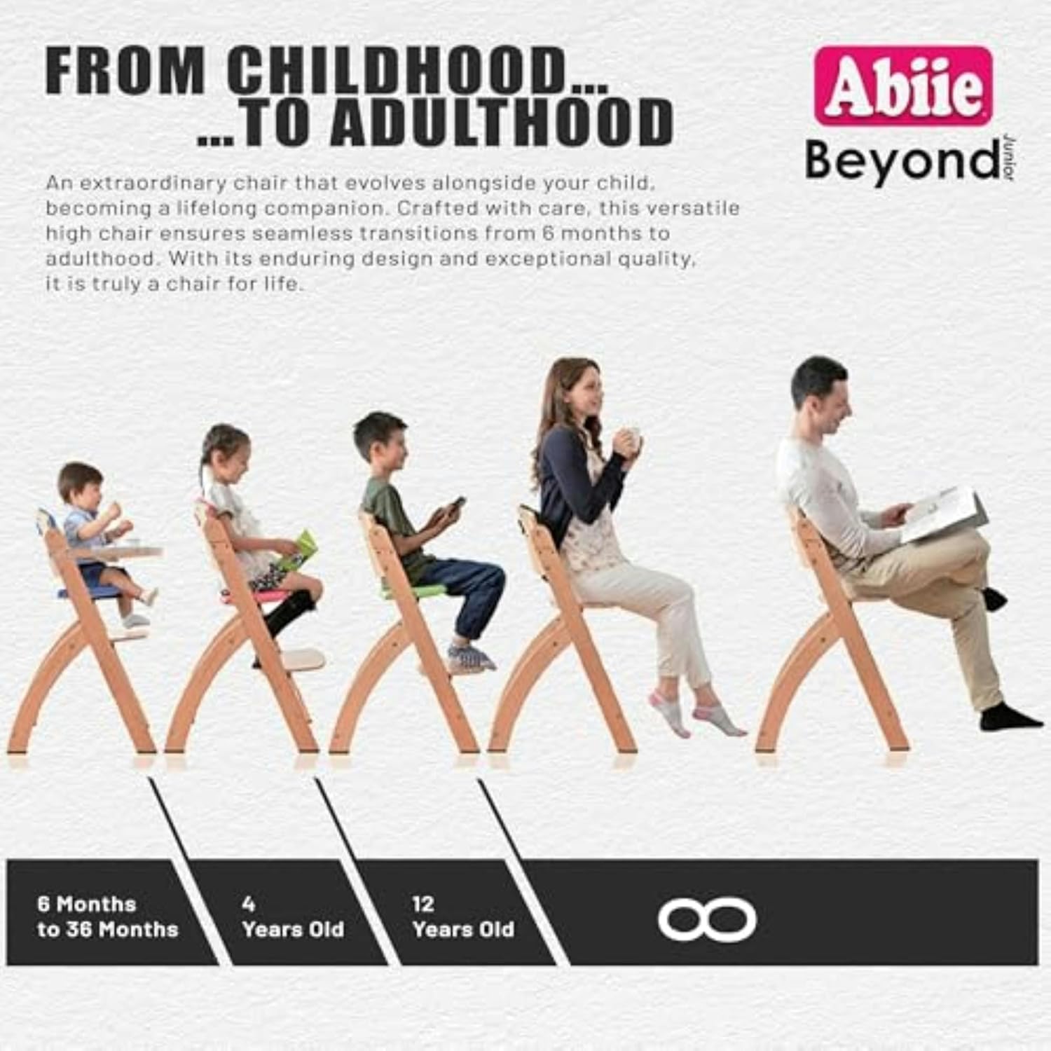 Abiie Beyond Junior Wooden High Chair for Babies and Toddlers - Convertible 3-in-1 Baby Highchair with Removable Tray - 6 Months to 250 Lb - Water Resistant - Natural Wood/Dove Grey Cushion