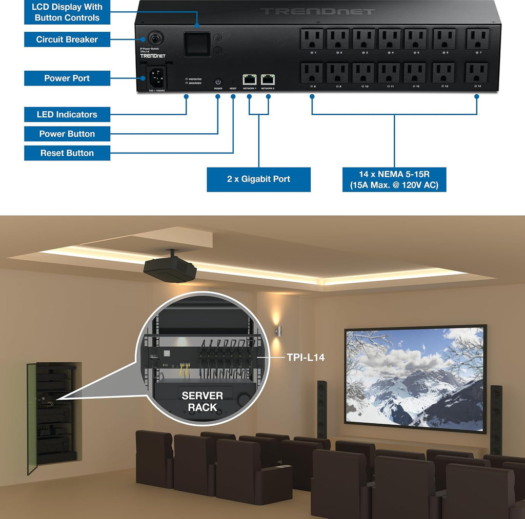 TRENDnet 14-Outlet Managed 2U Rackmount Switched Power Distribution Unit, TPI-L14, 14 x NEMA 5-15R Managed Power Outlets, 2 x Gigabit Ports, Remote Cloud Management PDU, NDAA & TAA Compliant
