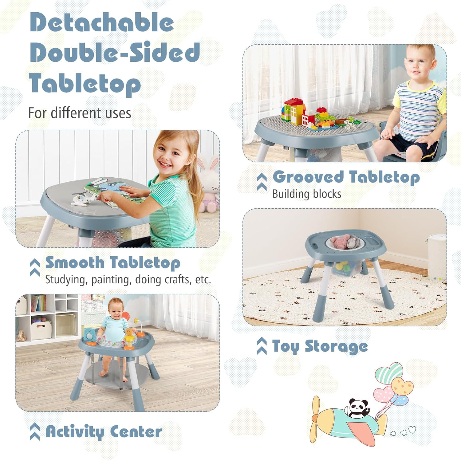 HONEY JOY 16-in-1 Baby High Chair, Convertible Highchair for Babies and Toddlers/Booster Seat/Activity Center with Toys, Building Block Table & Stool, Safety Harness, Removable Cushion & Tray (Blue)
