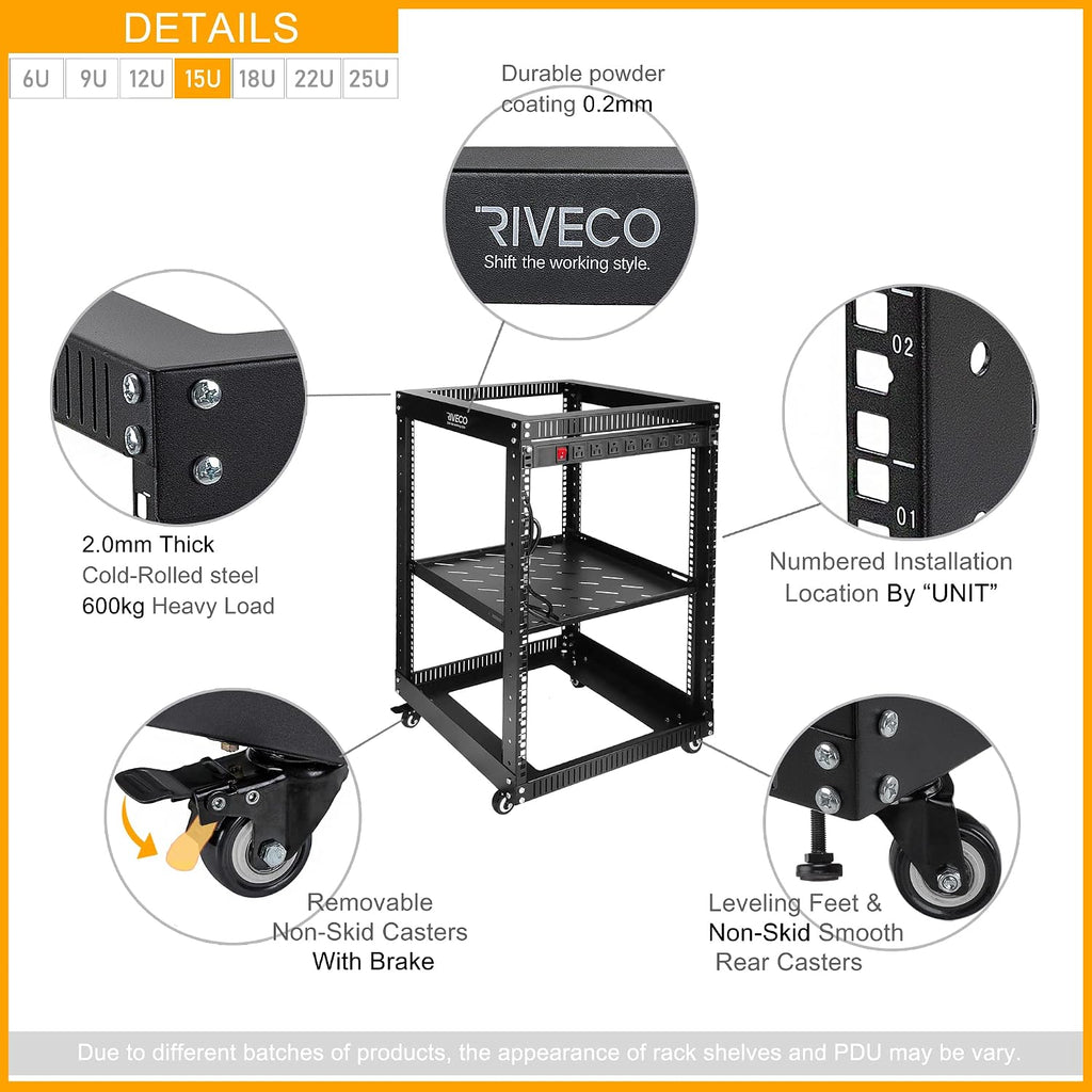RIVECO 15U 19 Inch Open Frame Server Rack with Wheels Including 1U Rack Shelf & Power Strip Universal for 19' Network Equipment Black