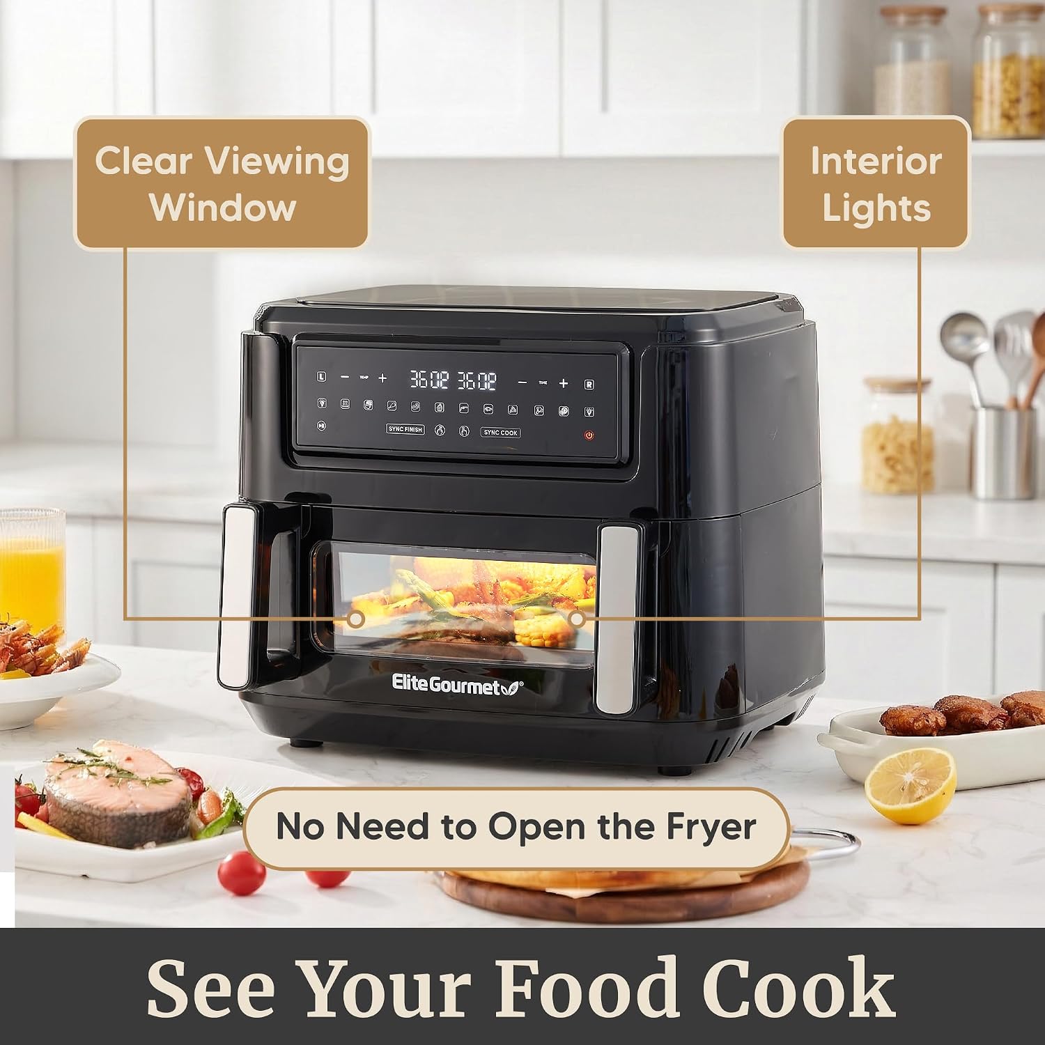 Elite Gourmet Dual Zone Air Fryer Oven 11QT, Dual Basket Air Fryer with Divider, Sync Finish & Sync Cook, PFAS Free Nonstick, 10 Presets, Air Fry Bake Roast Broil Toast Dehydrate, 1600W Black