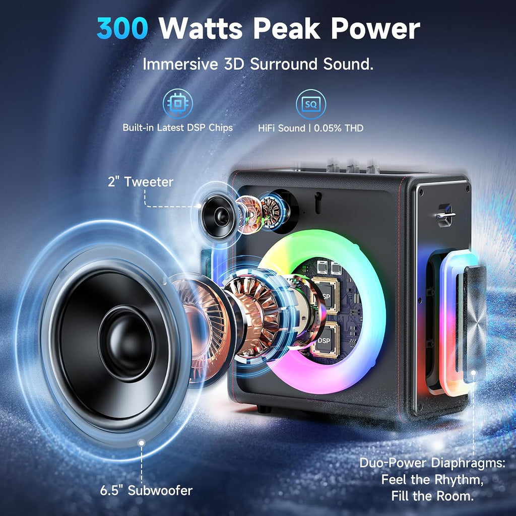 Karaoke Machine, Portable Bluetooth 5.3 Speaker with 3 Wireless Microphones for Adults, PA System with Pitch Correction & Echo Adjustment, Supports TWS/TF Card/USB/AUX/Live for Home Party (3MICS)