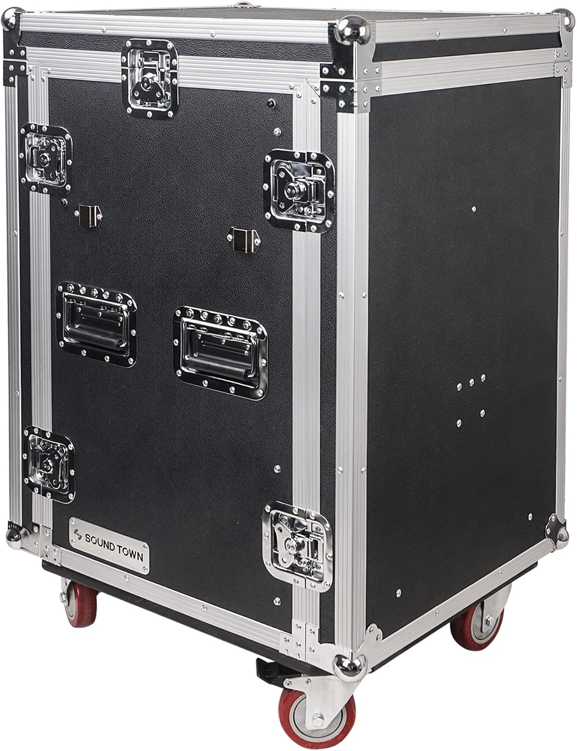 Sound Town Heavy-Duty 1/2' (12mm) Plywood 16U PA/DJ Rack/Road Case with 11U Slant Mixer Top, 20'' Rackable Depth, DJ Work Table and Casters, 16-Space Size, Pro Tour Grade (STMR-16UWT)