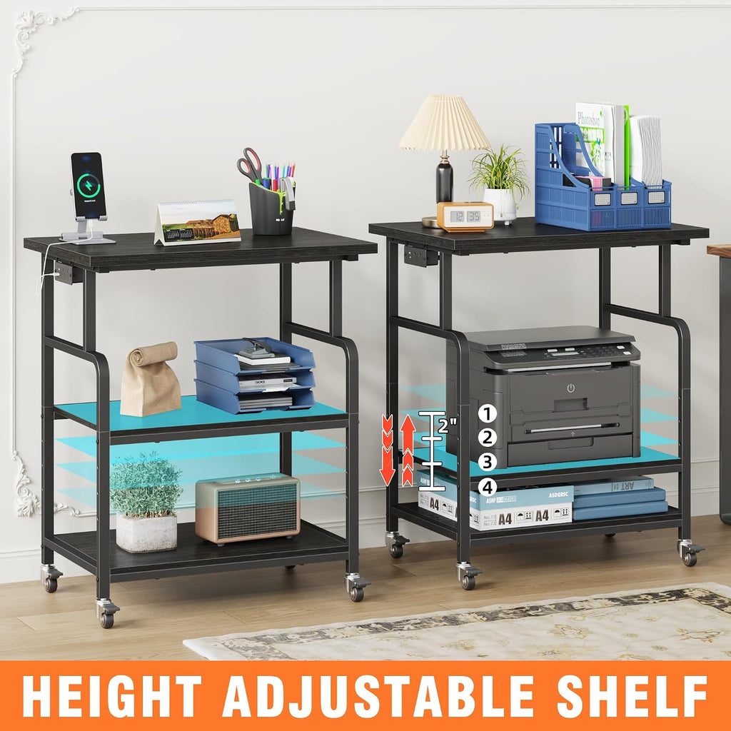 YAOHUOO 3 Tier Large Printer Stand with Power Outlet/Adjustable Storage Shelf, Rolling Cart with Wheels, Printer Table for Home Office 3D Printer/Heat Press/Laster, 23.6'×19.6' Black