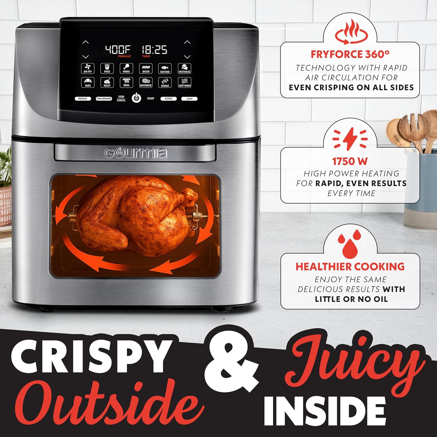 Gourmia Air Fryer - 14 Qt All-in-One Rotisserie Oven with Digital Display, 12 Presets, Roast, Bake, Broil, Dehydrate, Dishwasher Safe Accessories, Stainless Steel
