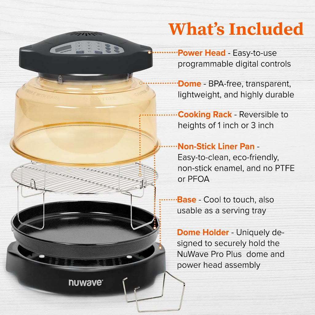 Nuwave Oven Pro Plus Air Fryer, Infra-Red Countertop, 2025 Advanced Convection, No Defrosting or Preheating, Cook Fresh or Frozen, Durable Power Dome, 100 Presets & 50 Memory, PFAS Free, Black