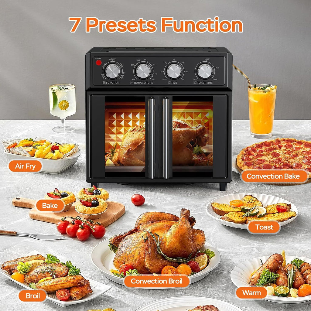 PlumChef 26L Large capacity French Double-Door Air Fryer Convection Toaster Oven,1700W, 7 Preset Menus, 7-in-1 Multi-Function for Bake, Roast, Grill, Toast, Dehydrate& Defrost,Stainless Steel,Black
