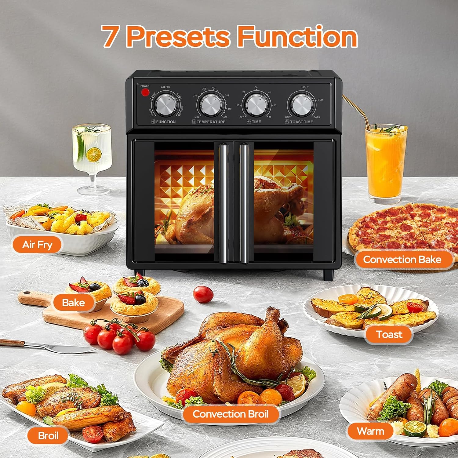 PlumChef 26L Large capacity French Double-Door Air Fryer Convection Toaster Oven,1700W, 7 Preset Menus, 7-in-1 Multi-Function for Bake, Roast, Grill, Toast, Dehydrate& Defrost,Stainless Steel,Black