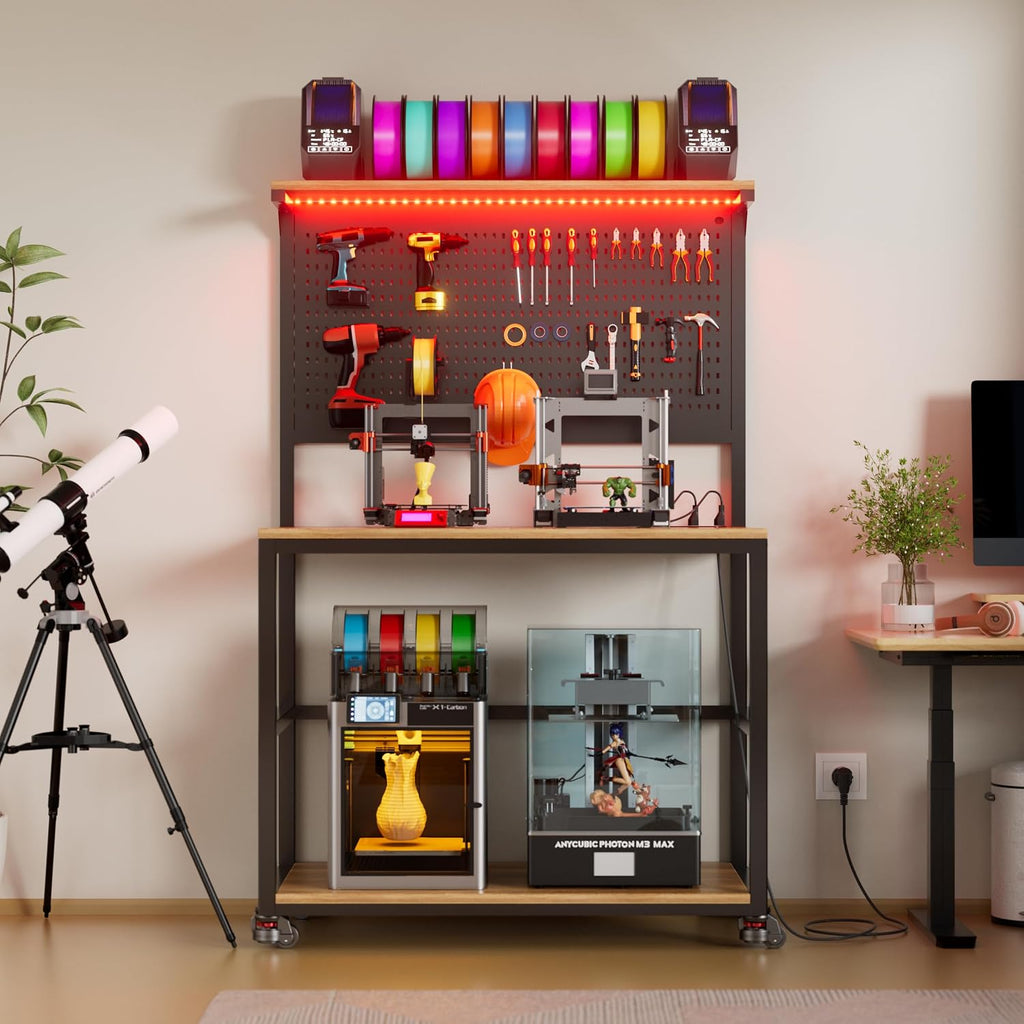 3D Printer Stand with Filament Storage Workstation, Large Mobile 3D Printer Workbench with AC/USB Power Hub and LED Lights, Heavy Duty Printer Desk with Pegboard for Studio Garage, Brown, Big