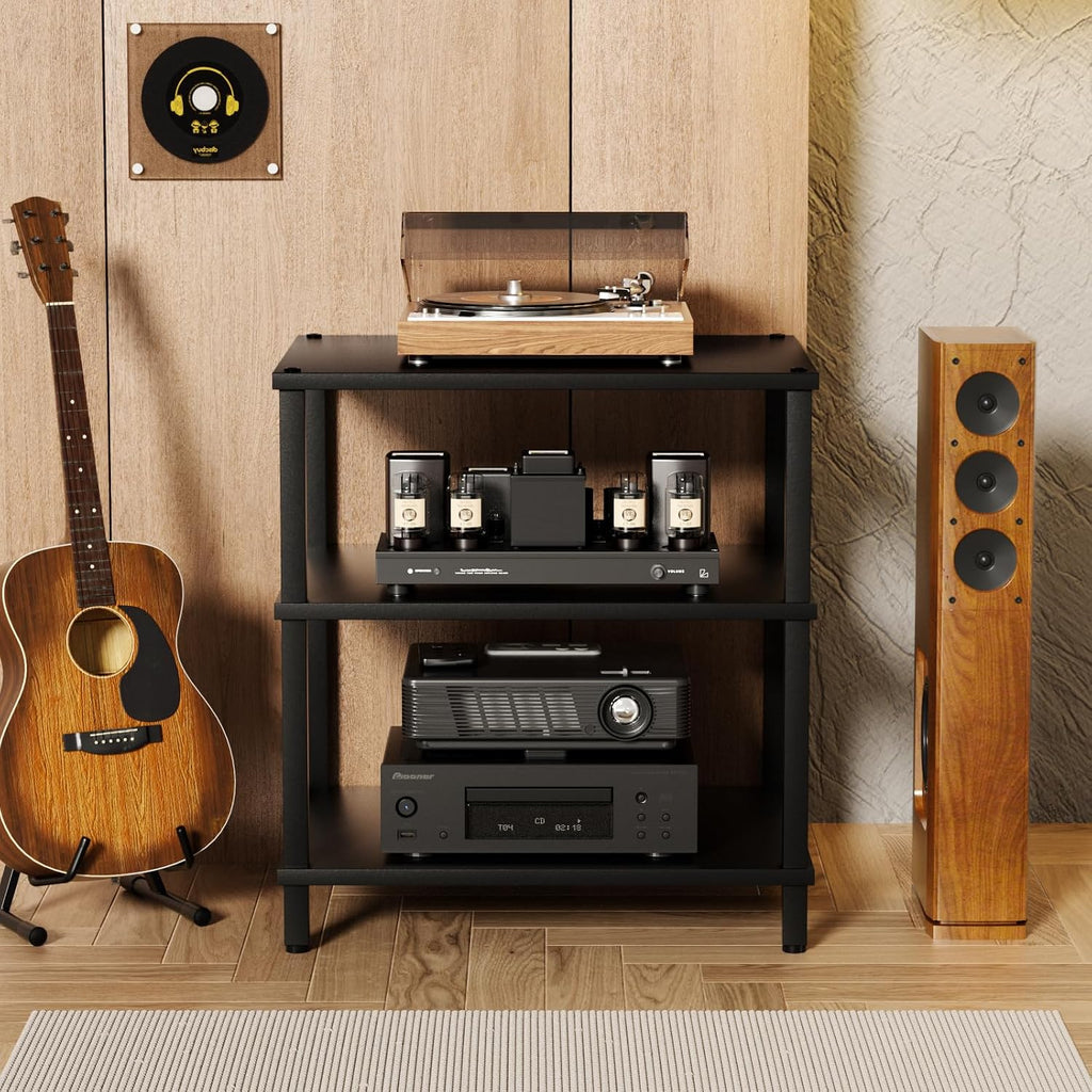 LELELINKY 3-Tier AV Media Player Stand Set of 2, Black Stereo Cabinet, Wooden TV Stand,Game Console Shelf, Multifunctional Entertainment Center, Suitable for Home, Conference Room, Game Studio