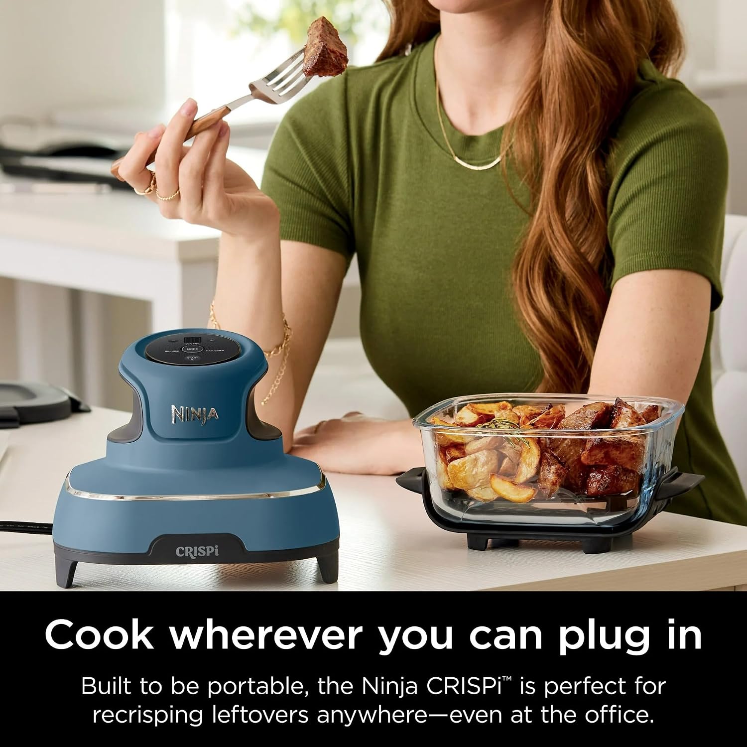 Ninja FN100ND Crispi Air Fryer, Microwave, Freezer & Dishwasher Safe, Non Toxic Glass Portable Cooking System, 4 QT & 5 Cup Glass Containers with Storage Lids, Easy Meals, Blue (Renewed)