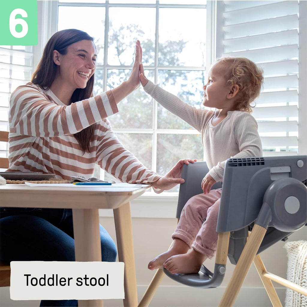 Ingenuity Proper Positioner Deluxe High Chair - 7-in-1 Convertible Baby Seat, Faux Wood Print Legs, Unisex, for Ages 0-36 Months