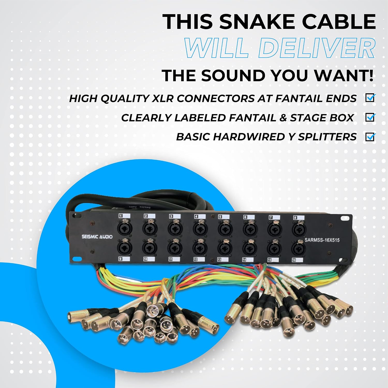 Seismic Audio SARMSS-16x515 Rack Mount 16 Channel XLR TRS Combo Splitter Snake Cable - 5' & 15' XLR trunks