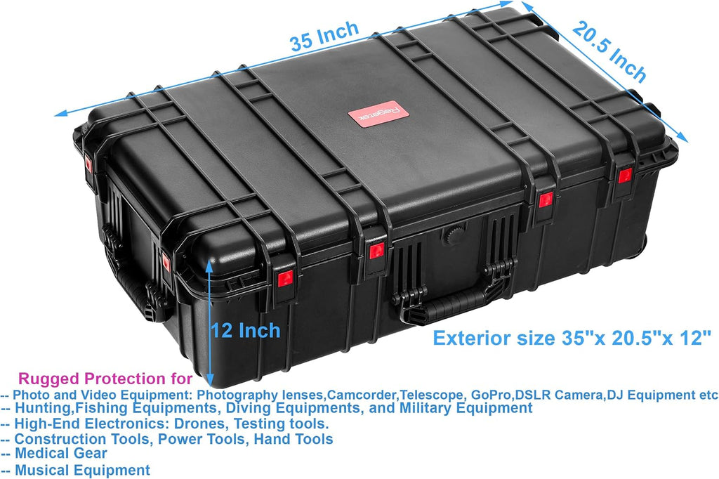 Regetek Waterproof Rolling Hard Case 35 x 20.5 x 12 Inch, Equipment Case with Foam/Wheels/ 3 Large Handles for Camera, Tool, Electronics Transport, Shockproof, Lockable, Inner 31.5' x 17.7' x 7.5'