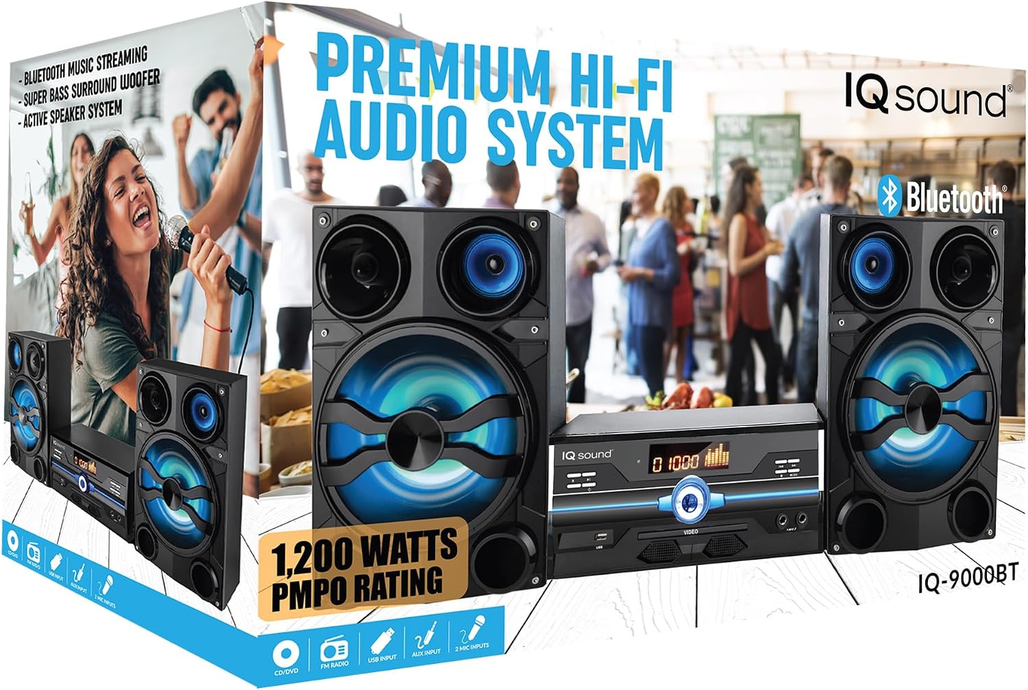 IQ Sound IQ-9000BT Premium 160W Hi-Fi Audio System with Bluetooth, DVD/CD/MP3/WMA Compatible, USB, FM Radio, LED Display, Speaker Lights, Remote Control, 2 Microphone Inputs, AV Output, AUX Input