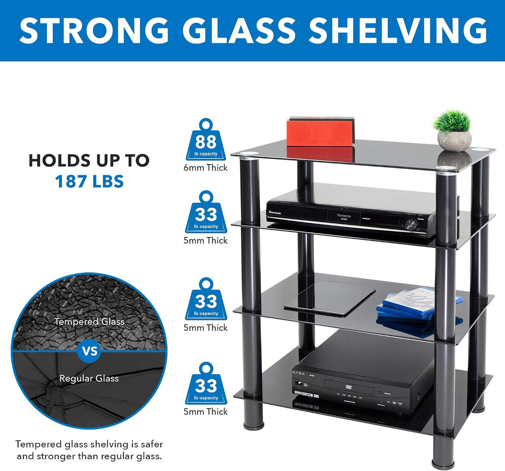 Mount-It! Tempered Glass AV Component Media Stand, Audio Tower and Media Center with 4 Shelves, 88 Lbs Capacity, Black Silk (MI-8670)