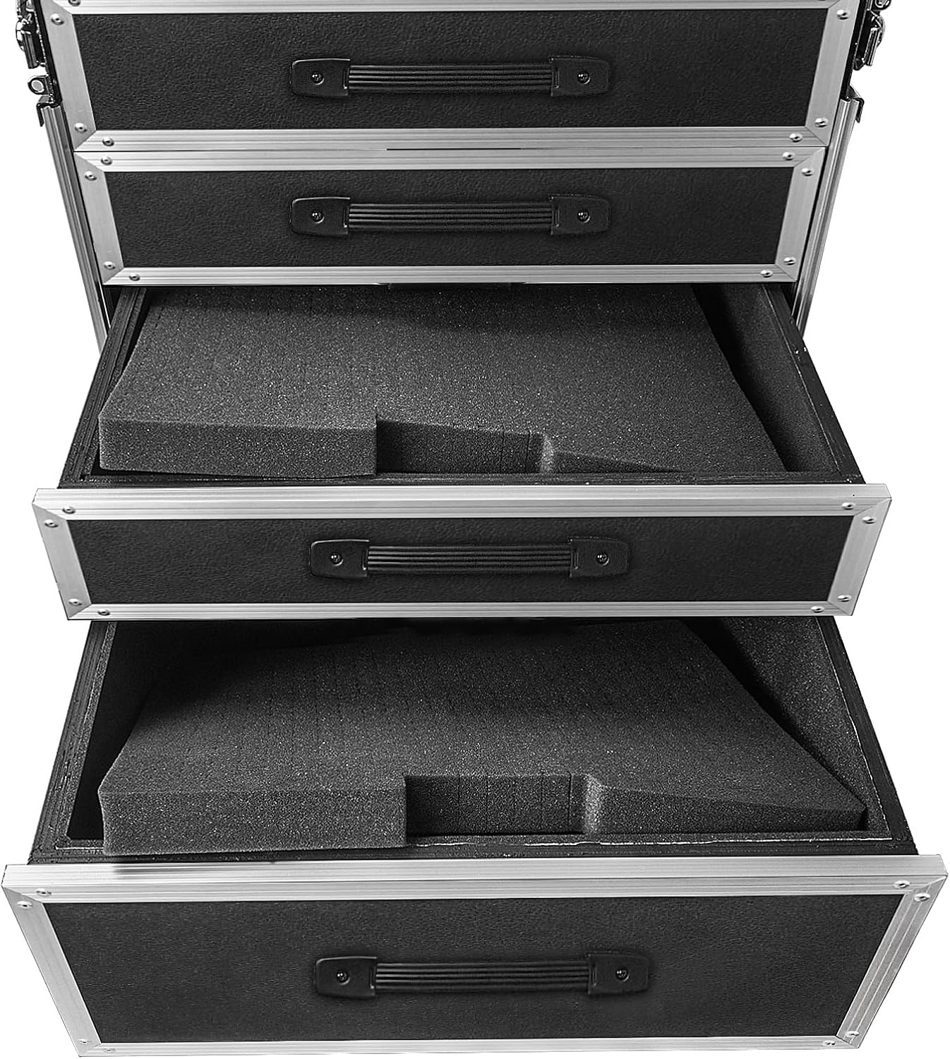 Sound Town Heavy-Duty 1/2' (12mm) Plywood Shock Mount 12U Workstation Rack Case with 4 Drawers and 2 Tables for Customizable Stage and Studio Equipment Storage, Pro Tour Grade (STRC-SP12U4DT2)
