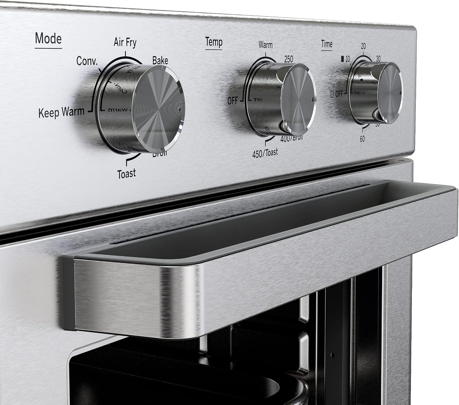 GE Mechanical Air Fryer Toaster Oven + Accessory Set | Convection Toaster with 7 Cook Modes | Large Capacity Oven - Fits 12' Pizza | Countertop Kitchen Essentials | Stainless Steel