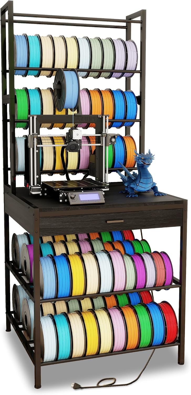 KirKical 3D Printer Stand with Filaments Storage, Large Capacity Heavy Duty Filament Storage Rack with Drawer for PLA/ABS/TPU, 3D Printer Filament Table with Power Outlet for Home Studio Office, Black