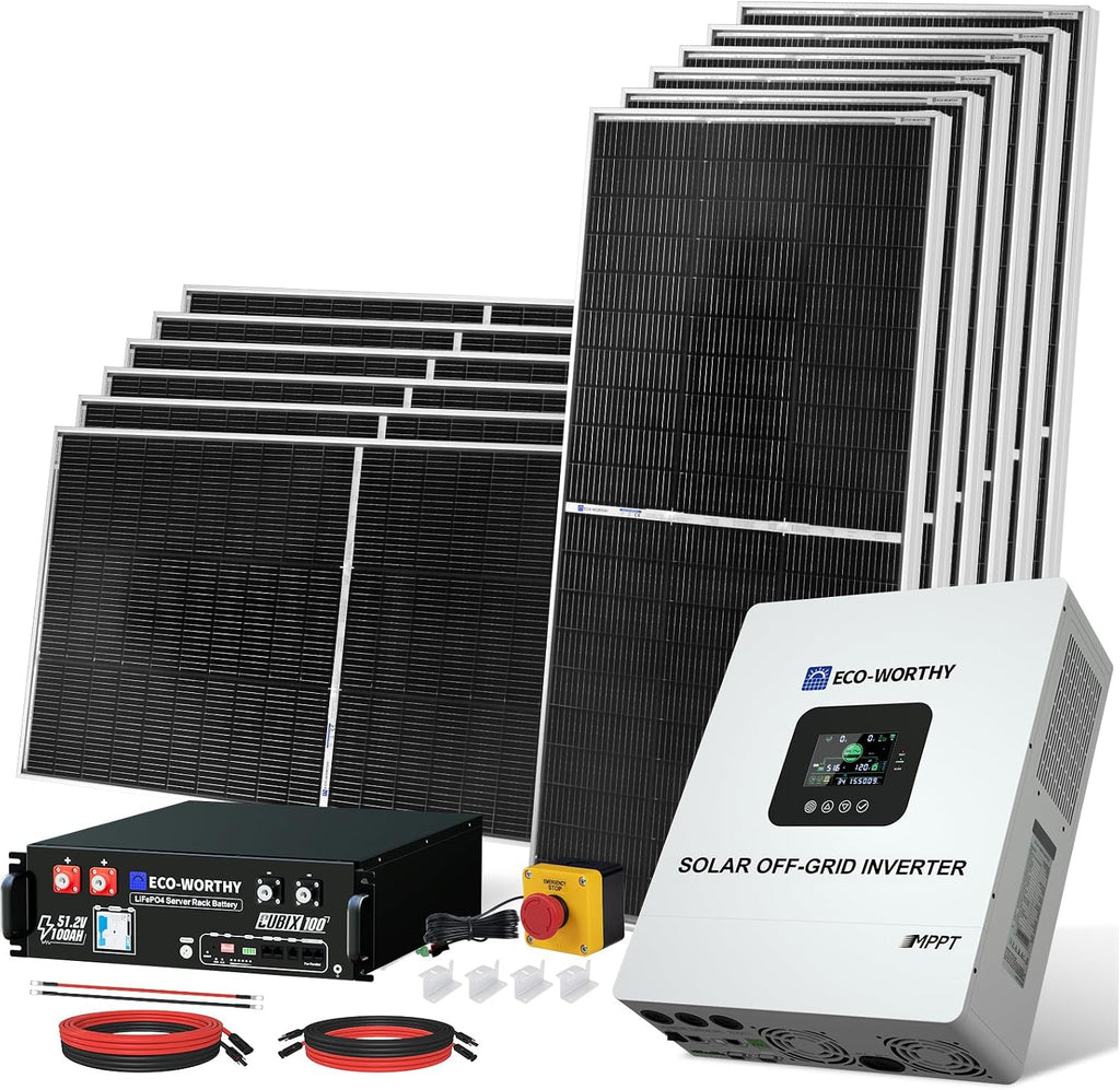 ECO-WORTHY 5KW Off Grid Solar System Complete Kit 12PCS 195W Mono Solar Panel (2340W) +1 * 48V 5KW Off-Grid Inverter + 1 * 51.2V 100Ah Server Rack Whole House Storage LiFePO4 Lithium Battery