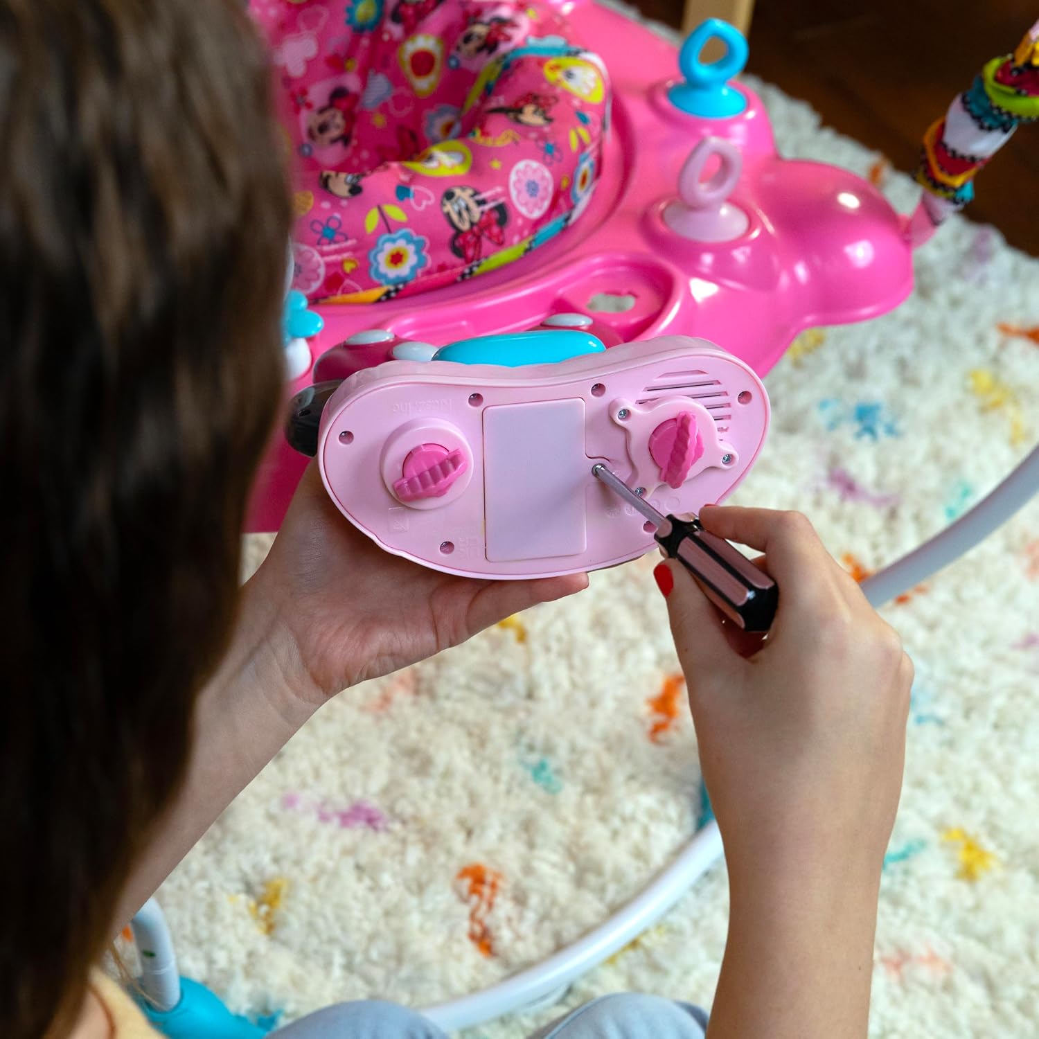 Bright Starts Disney Baby MINNIE MOUSE PeekABoo Baby Activity Center Jumper with 8 Toys, Lights & Sounds, 360-Degree Seat, 6-12 Months (Pink/Blue)