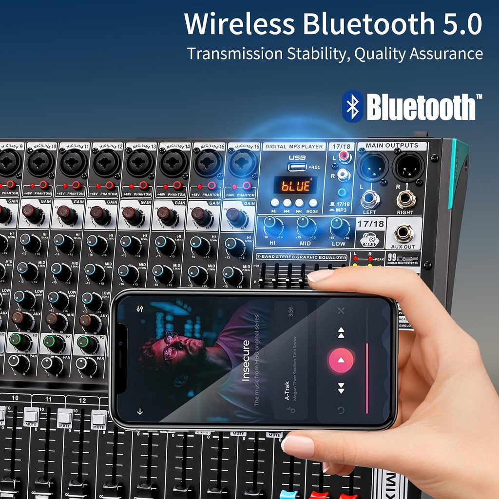 16 Channel Professional Audio Mixer, Mixing Console with USB Interface, 48V Phantom Power, 99 DSP Effects, XLR Inputs, DJ Mixer for Stage, Events