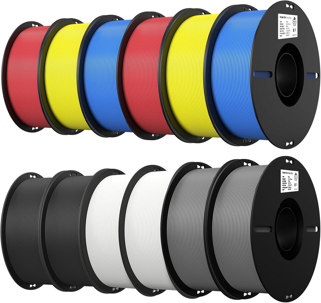 Creality 12 Pack PLA 1.75mm Filament Bundle for 3D Printing with No-Tangling Strong Bonding and Overhang Performance, Accuracy +/- 0.02mm (Black,White,Grey,Blue,Red,Yellow)