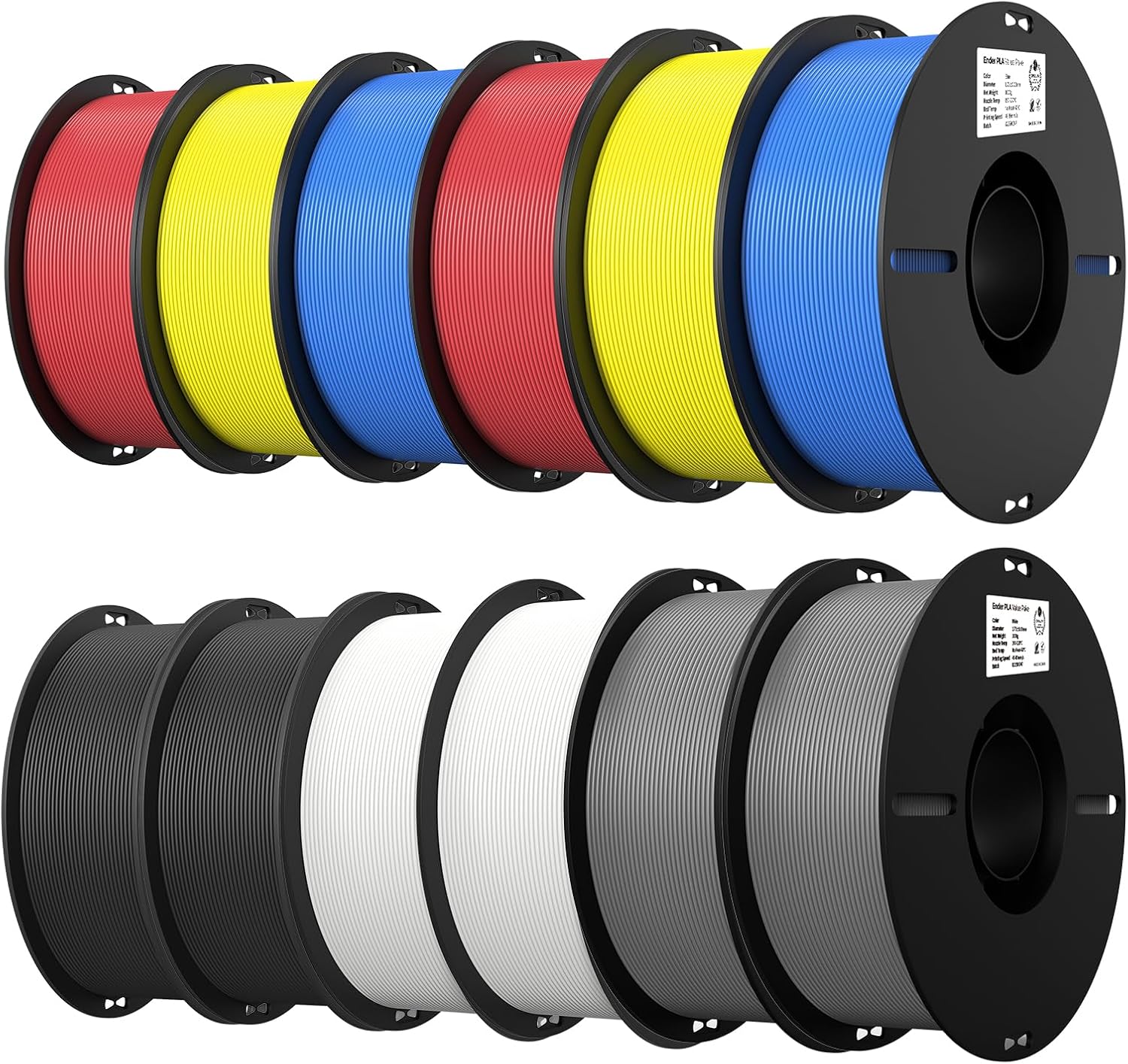 Creality 12 Pack PLA 1.75mm Filament Bundle for 3D Printing with No-Tangling Strong Bonding and Overhang Performance, Accuracy +/- 0.02mm (Black,White,Grey,Blue,Red,Yellow)