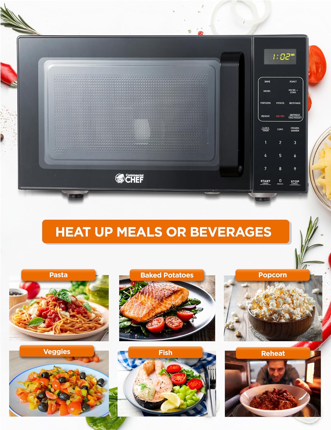 Commercial Chef 5-in-1 Countertop Microwave Air Fryer Combo, 0.9 Cu. Ft. Capacity, Microwave Air Fryer Convection Oven Bake and Roast, 900W, 10 Power Levels