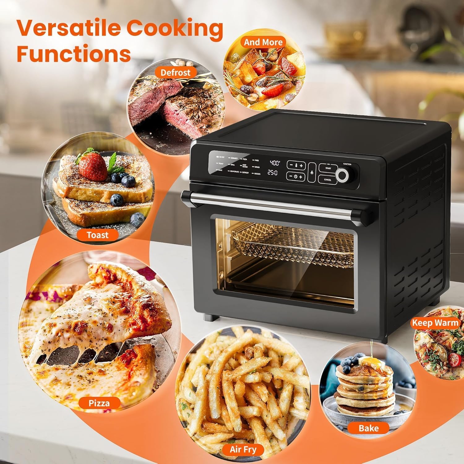 Electactic 25QT Air Fryer Toaster Oven Combo,12-in-1 Large Convection Airfryer Oven with 60-Minute Timer,70–450℉ Temperature Control,Roast & Broil, Fits 8-10″ Pizza(Black)