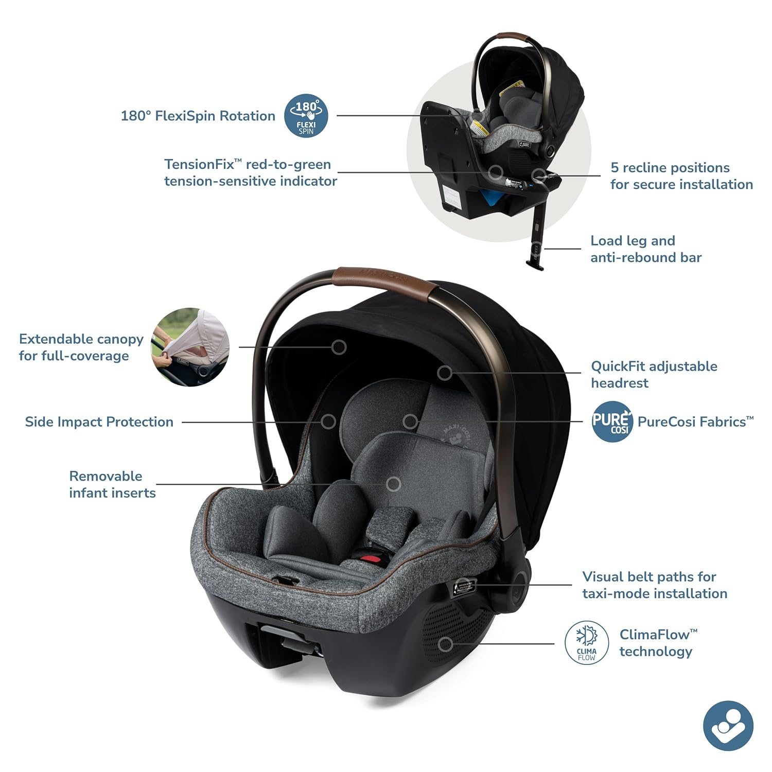 Maxi-Cosi Peri 180 Rotating Infant Car Seat, Baby Car Seat Rotating Carseat, Swivel Car Seat, Onyx Wonder