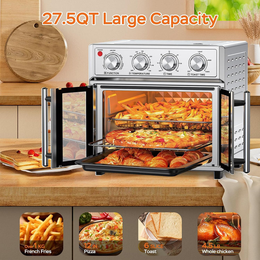 PlumChef 27.5QT Large Capacity Air Fryer Toaster Oven, French Double Door Convection Oven 1700W,7-in-1 Multifunctional with 7 Presets for Bake Roast Grill Toast Dehydrate Defrost, Stainless Steel