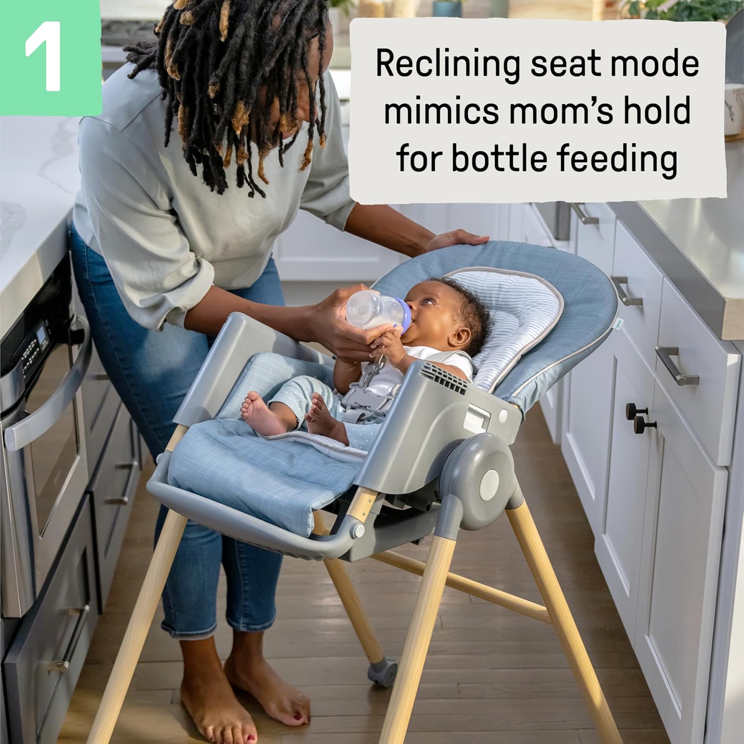 Ingenuity Proper Positioner Deluxe High Chair - 7-in-1 Convertible Baby Seat, Faux Wood Print Legs, Unisex, for Ages 0-36 Months