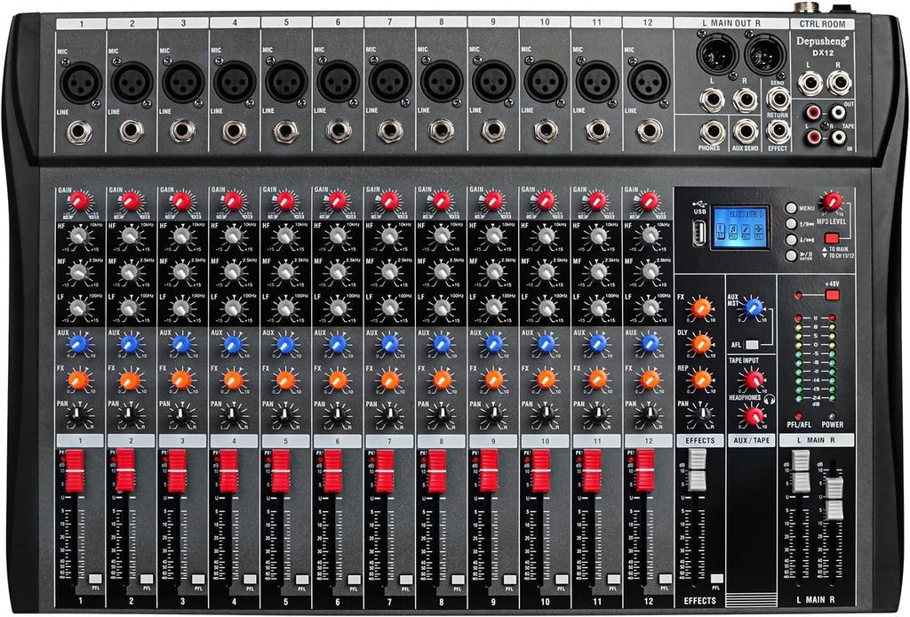Depensheng DX12 DJ Sound Controller Interface w/USB Drive for Computer Recording 12-Channel Studio Audio Mixer - XLR Microphone Jack, 48V Power, RCA Input/Output for Professional and Beginners