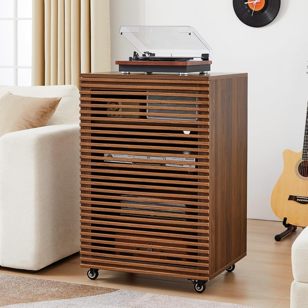 LEVNARY 5-Tier AV Media Cabinet with Grille Door & Adjustable Shelves, Modern Wooden Stereo Rack with Cable Management & Wheels, Audio Video Stand for Living Gaming Room Recording Studio (Walnut)
