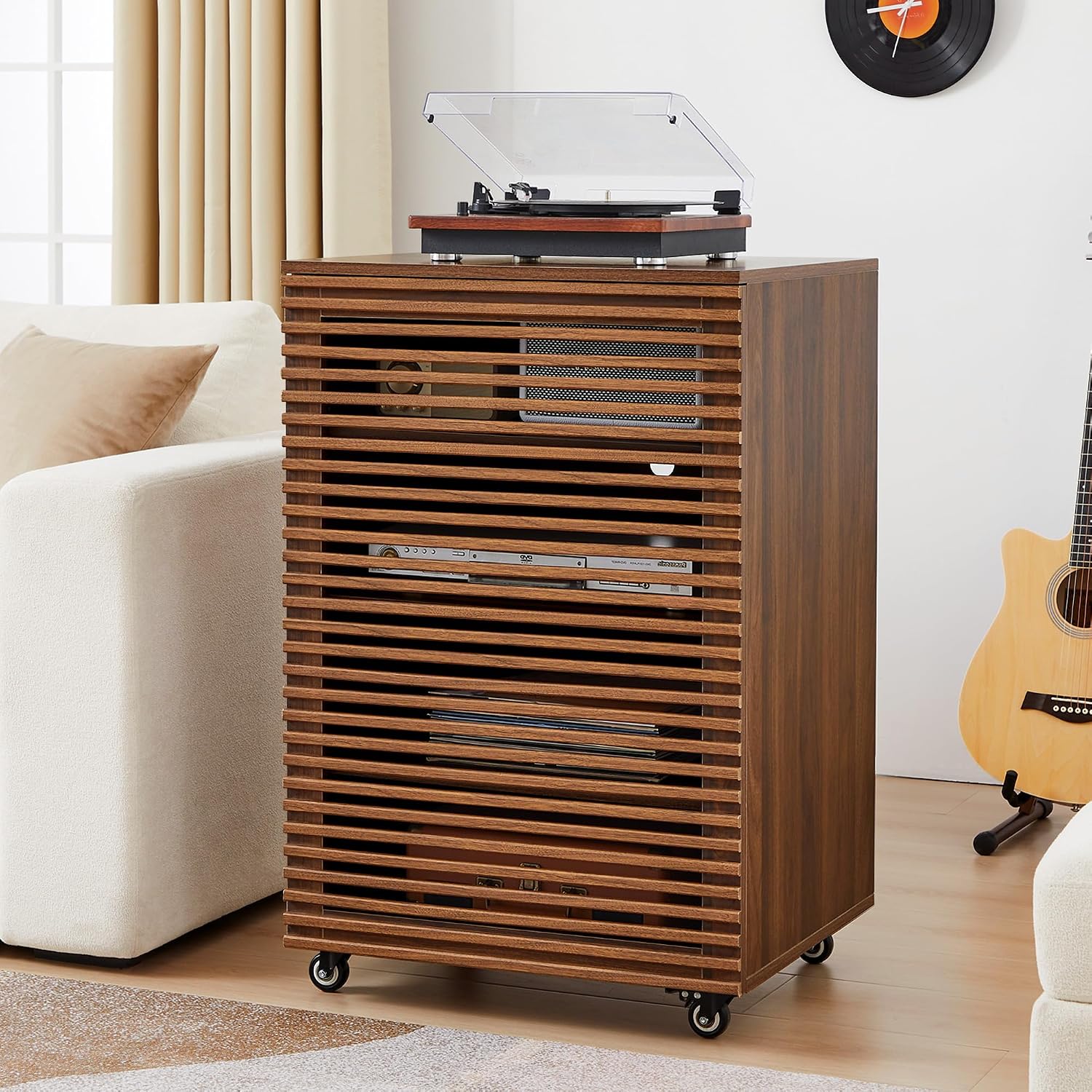 LEVNARY 5-Tier AV Media Cabinet with Grille Door & Adjustable Shelves, Modern Wooden Stereo Rack with Cable Management & Wheels, Audio Video Stand for Living Gaming Room Recording Studio (Walnut)