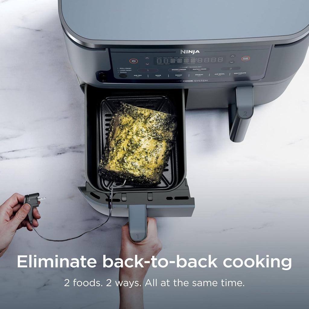Ninja 6-in-1 10 QT Air Fryer, Foodi Smart Thermometer, Roast, Bake, Air Fry, Crisps, Broil, Reheats, Keep Warm, Fries, Frozen Food, Veggies, & Meat, Light Grey, DZ550GY (Renewed)