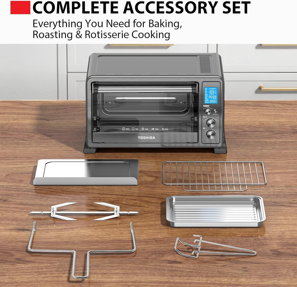 TOSHIBA 10-in-1 Convection Toaster Oven, 6-Slice Countertop Oven, 1500W with Toast, Bake, Broil, Rotisserie & Pizza Functions, LCD Knob Controls, 6 Accessories, Black Stainless Steel