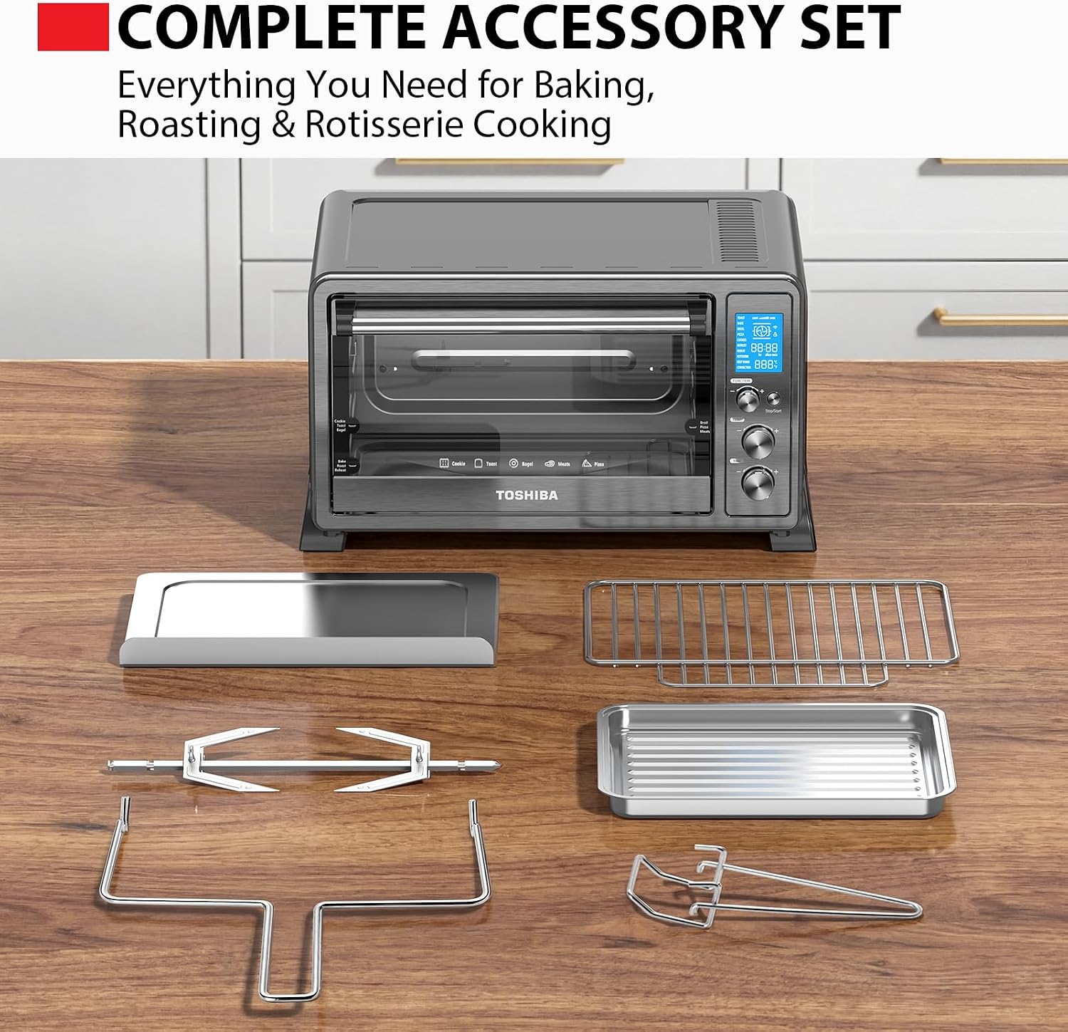 TOSHIBA 10-in-1 Convection Toaster Oven, 6-Slice Countertop Oven, 1500W with Toast, Bake, Broil, Rotisserie & Pizza Functions, LCD Knob Controls, 6 Accessories, Black Stainless Steel