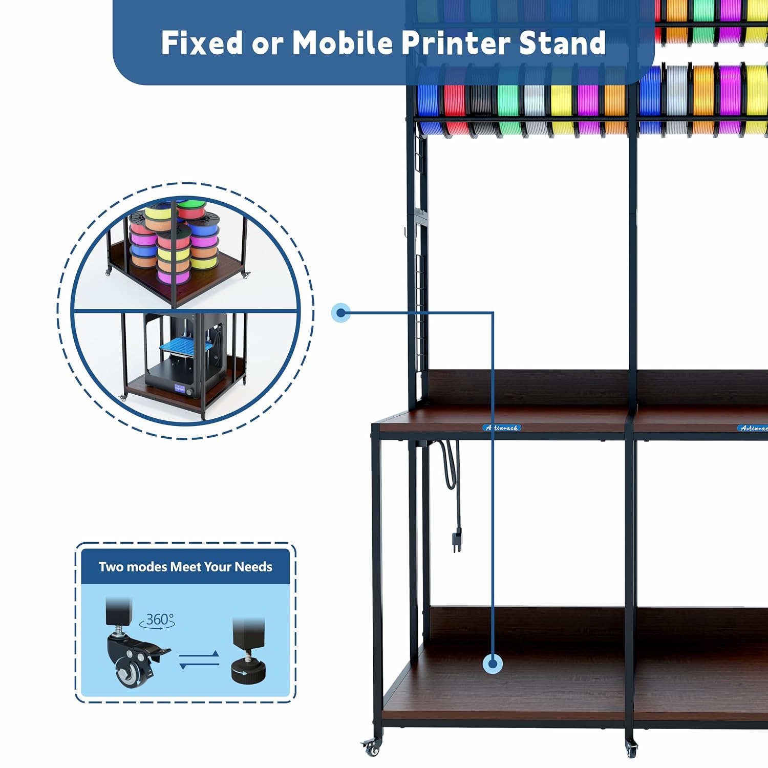 2025 Upgraded Dual 3D Printer Stand with Filament Storage Workstation, Extended Storage Mobile 3D Printer Table Workbench, AC/USB Power Hub for Studio Workshop
