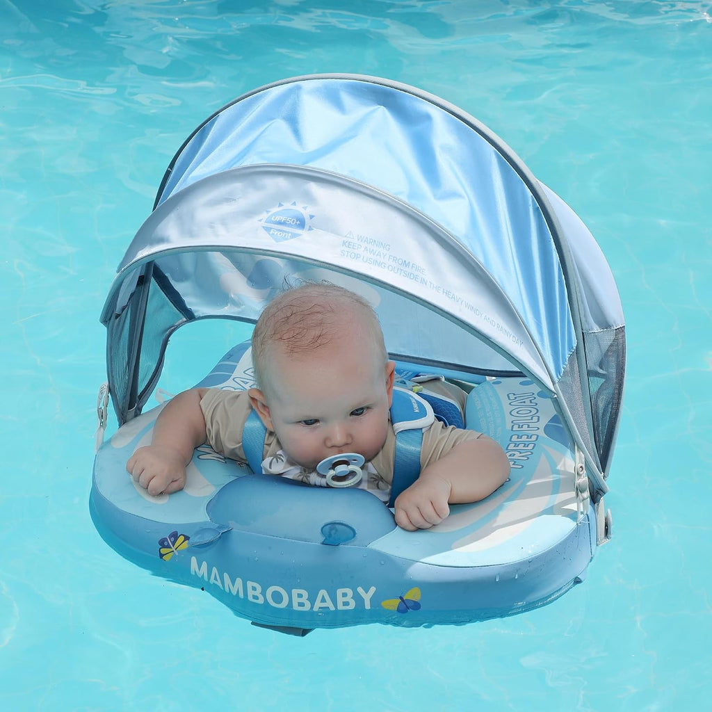 Mambobaby Float Add Tail Baby Swim Float with Canopy Solid Pool Infant Swim Trainer Swimming Training Lying Air Free Water Floats Non-Inflatable Waist Swim Ring for Toddlers (Butterfly - Blue)