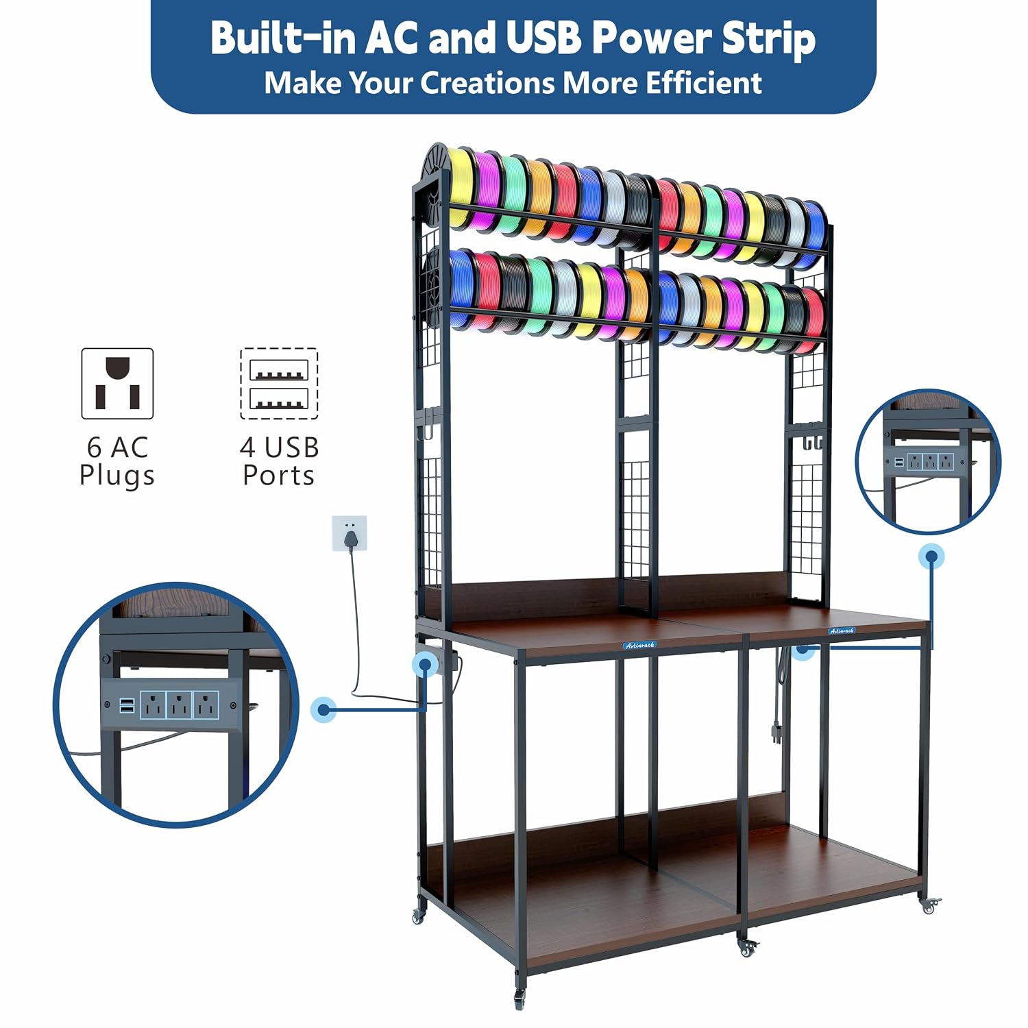 2025 Upgraded Dual 3D Printer Stand with Filament Storage Workstation, Extended Storage Mobile 3D Printer Table Workbench, AC/USB Power Hub for Studio Workshop