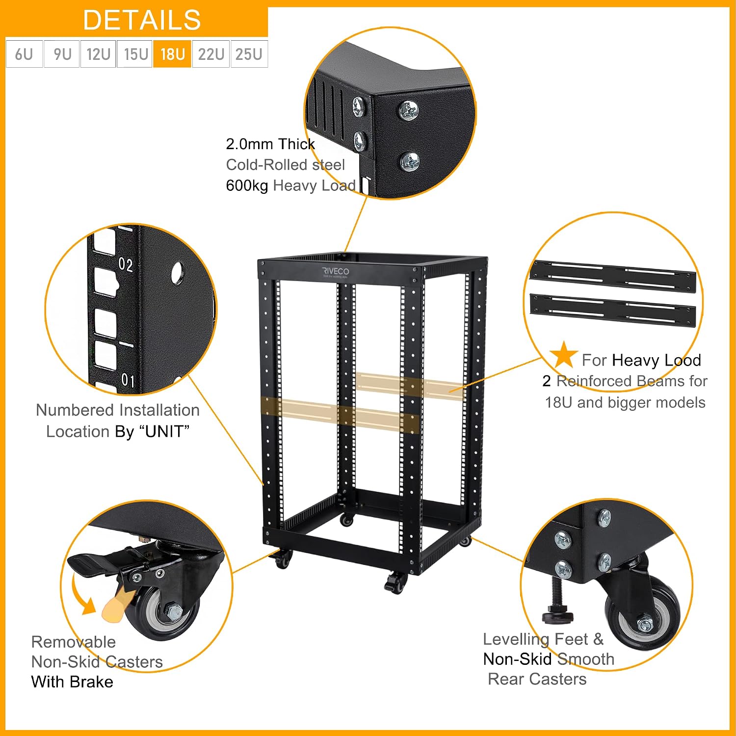 RIVECO 18U Open Frame Server Rack with Brake Casters- Heavy Duty 4 Post Quick Assembly 19-inch Rack Network Durable Black