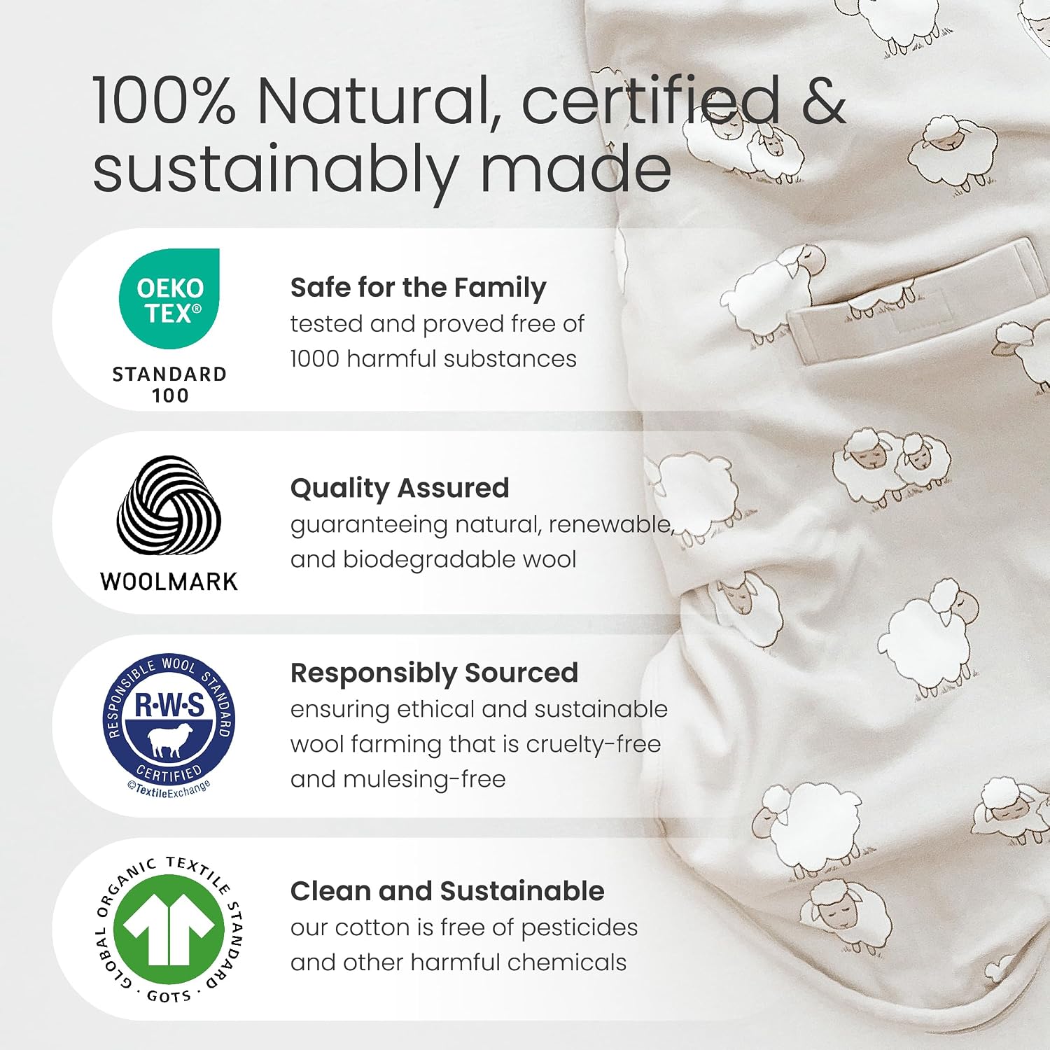 Woolino Ultimate Baby Sleep Sack – 4 Season Merino Wool Sleeping Bag, Organic Cotton Outer, Temp Regulating Blanket, Adjustable Sleep Sack Universal Size 2–24 Months - Birch Gray