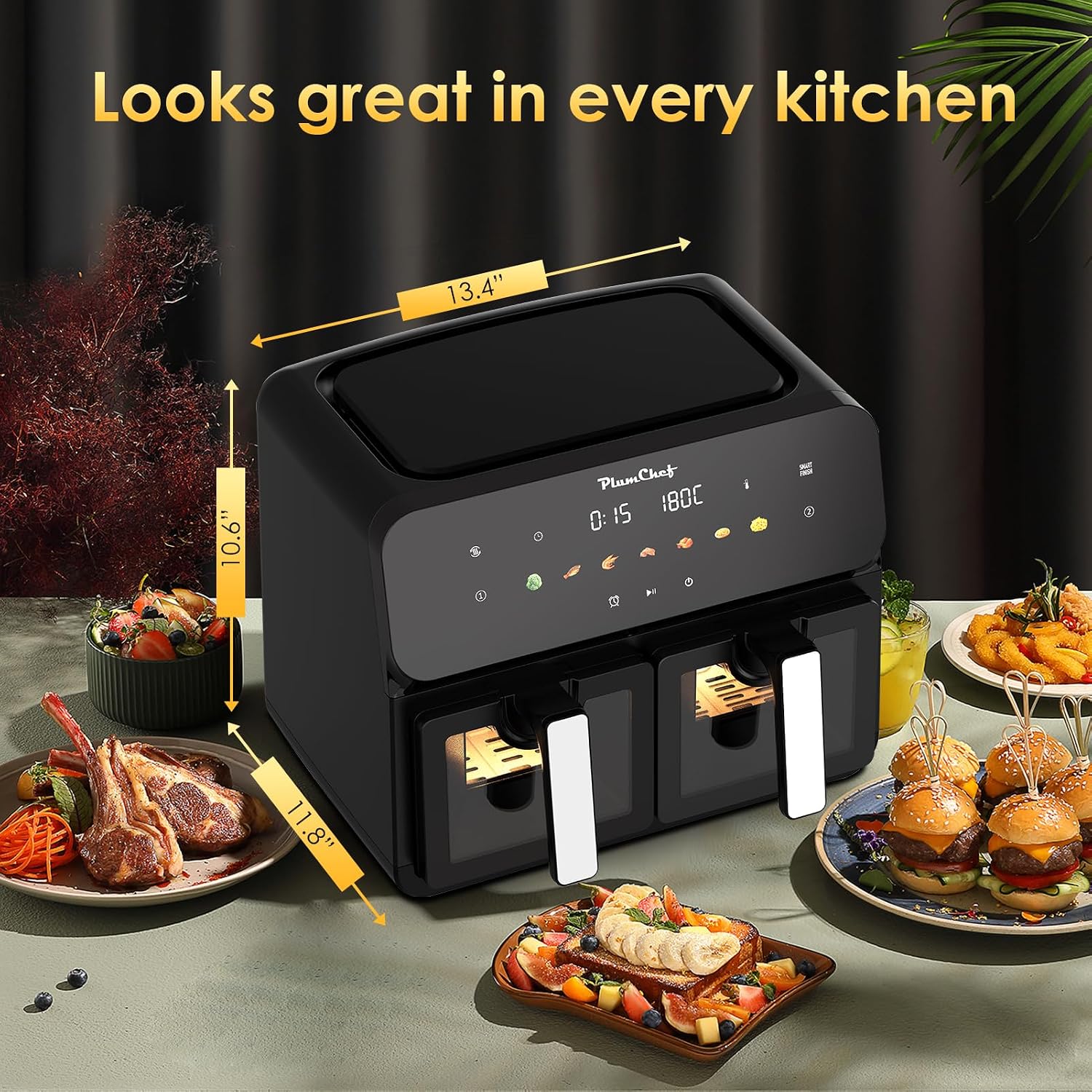 10QT Dual Air Fryer, Double Basket Air Fryer with 2×5QT Baskets, Digital Touchscreen Control, Easy-View Window, SyncCook Function, Cook 2 Dishes at Once for Family of 4-6, 1700W,Black